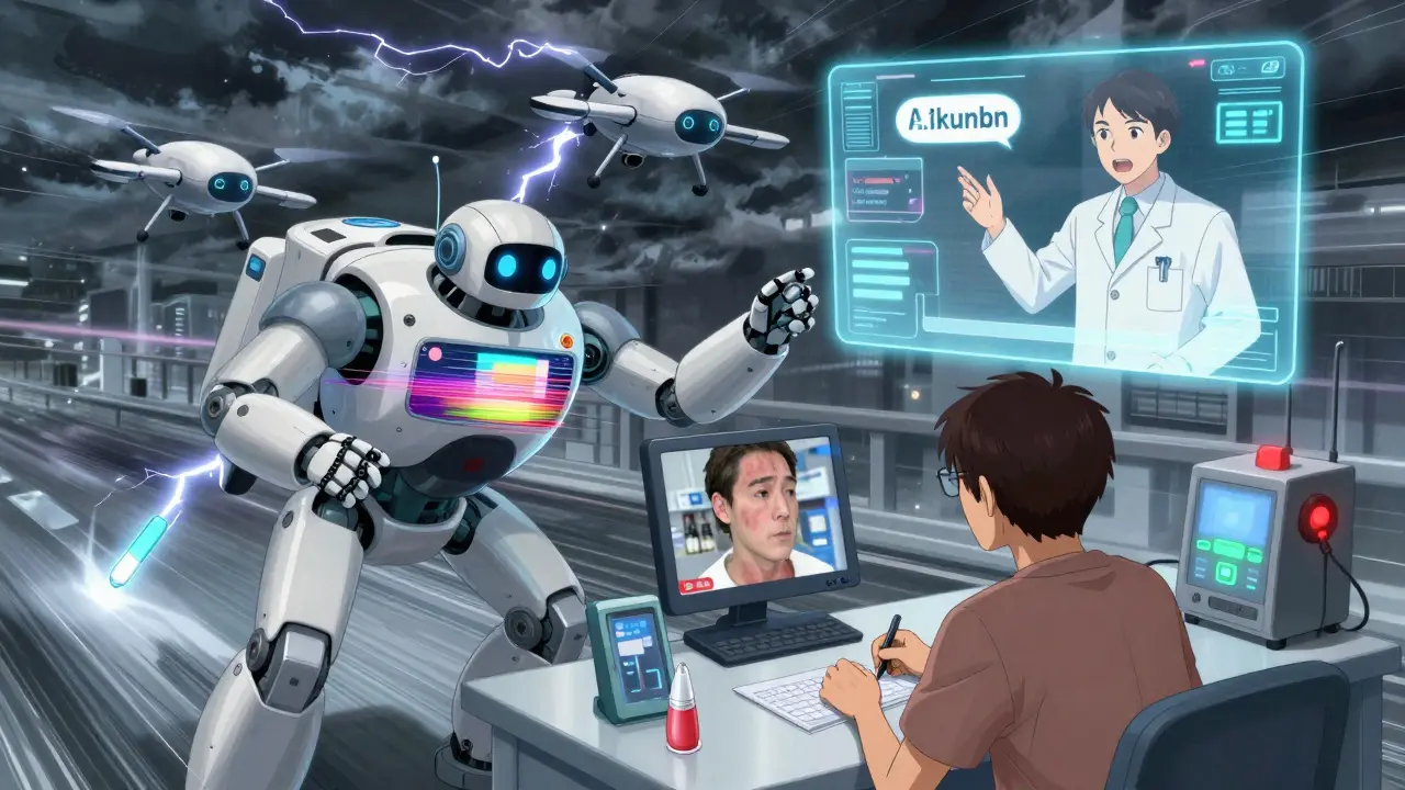 A telepharmacy robot glitches during a consultation, deploying a medical drone to deliver an EpiPen as lightning strikes overhead.