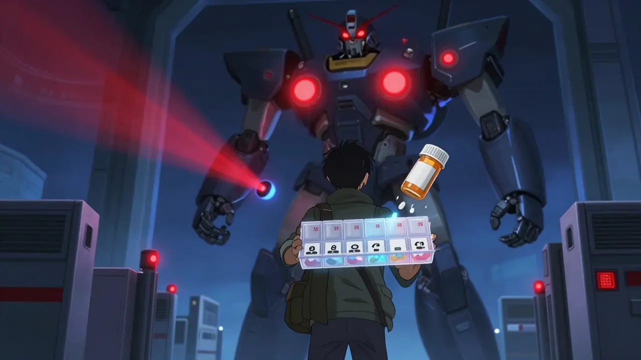 A traveler at customs holds labeled pill bottles while a robot scanner detects unlabeled meds.