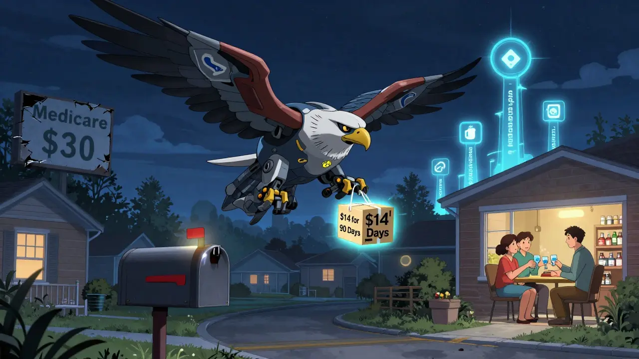 A TRICARE delivery drone drops a  90-day med package into a mailbox while a family celebrates inside.