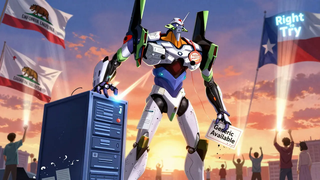 An advocate robot made of medical records crushes false generic labels while healing patients with approval light.