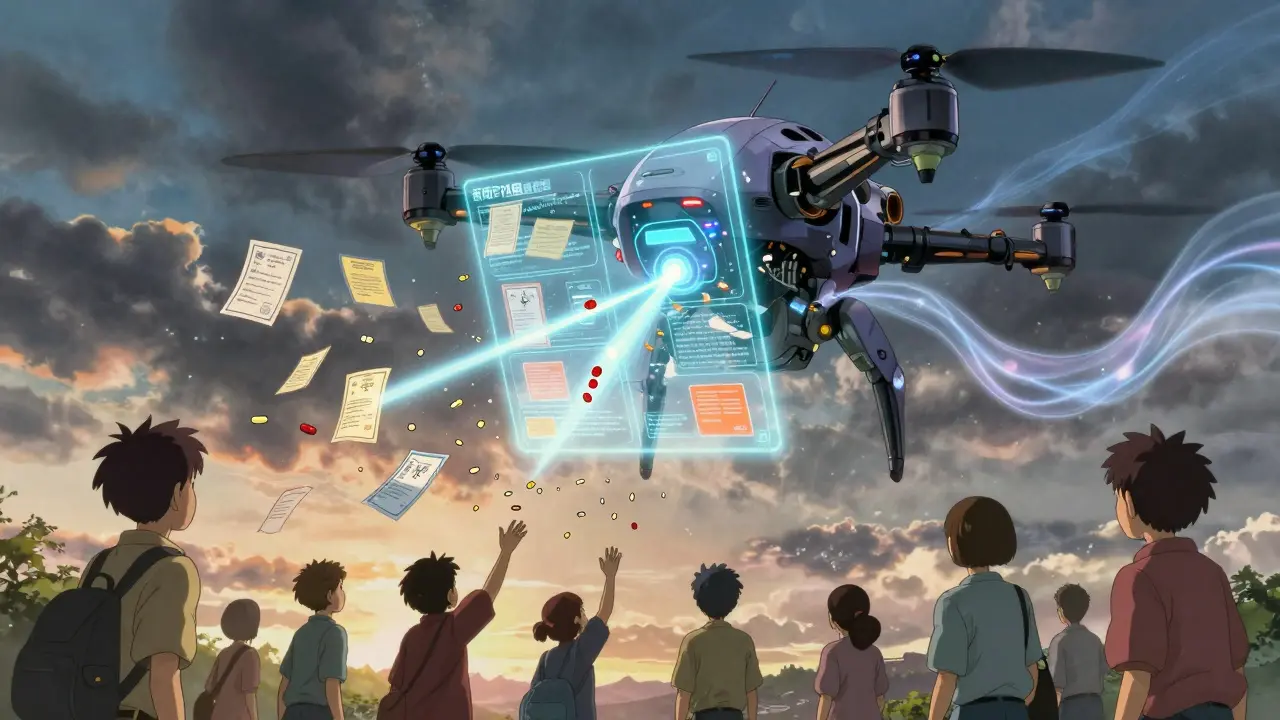 An AI drone destroying patent loopholes as generic pills fall like rain over hopeful patients below.