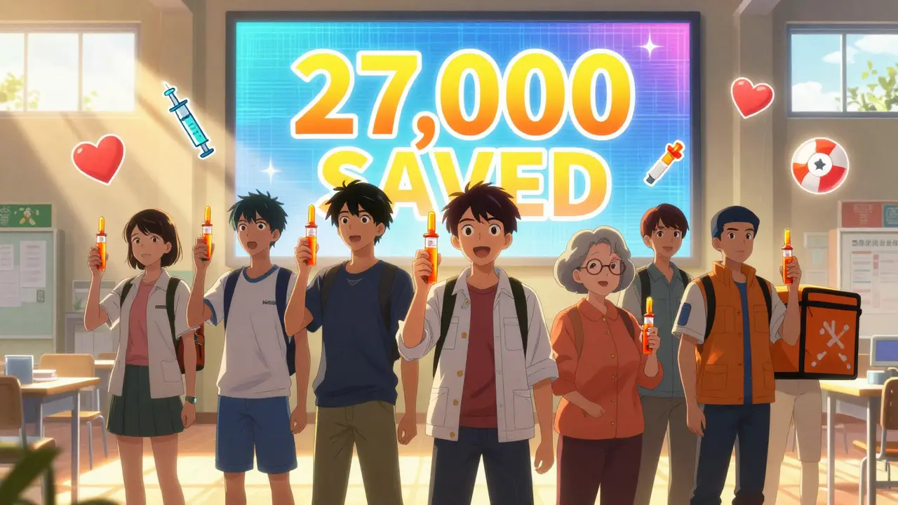 Diverse group holds naloxone sprays like weapons in a sunlit center, digital screen behind them reads '27,000 SAVED'.