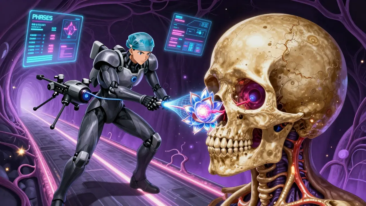 Neurosurgeon in exosuit deploys flow diverter stent inside glowing brain vasculature with holographic data.