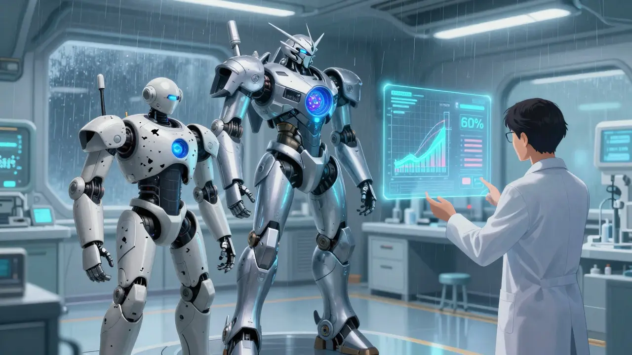 New Tolsura robot stands beside broken itraconazole unit as pharmacist monitors absorption levels.