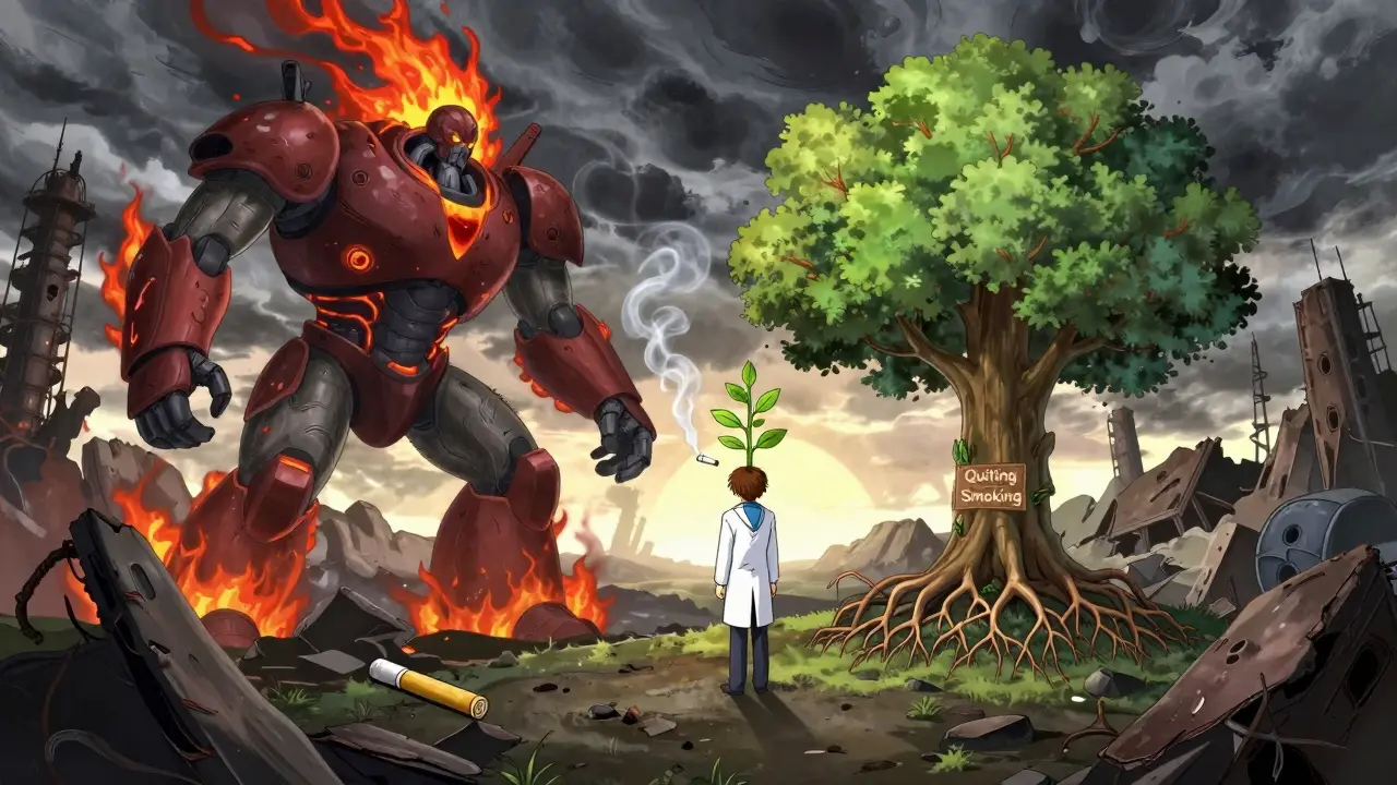 Patient's inner world shows smoking and hypertension as monsters, countered by a healing tree of recovery.