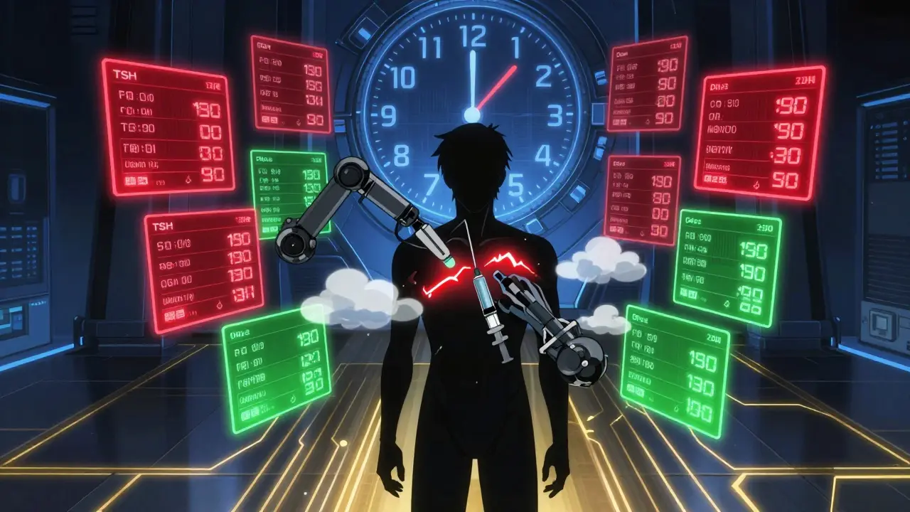 Patient surrounded by floating health data panels, mechanical sensor arm probing chest, digital 90-day countdown.