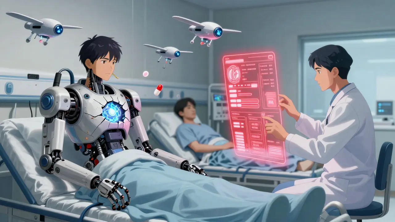 Patients in mechanical exoskeletons monitored by holographic systems as a lithium core cracks under drug interaction stress.