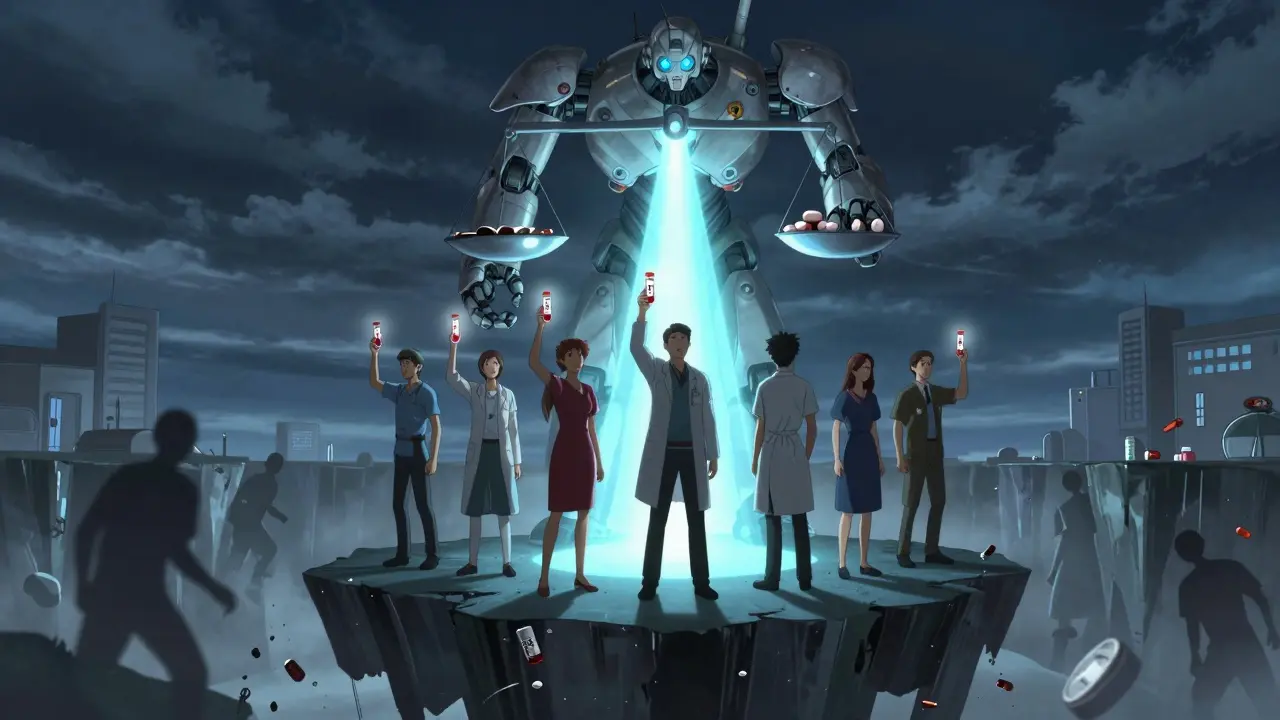 Patients lifted by a robotic doctor as balanced doses of azathioprine and allopurinol restore health.