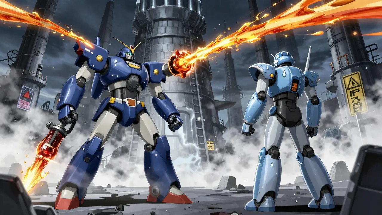 Posaconazole robot using cola lance to fight acidic fog while fluconazole robot passes unharmed.