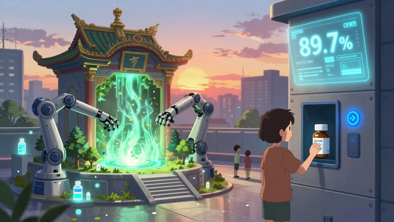 Robotic arms transforming expired meds into trees, with smart packaging glowing in a sunset city.