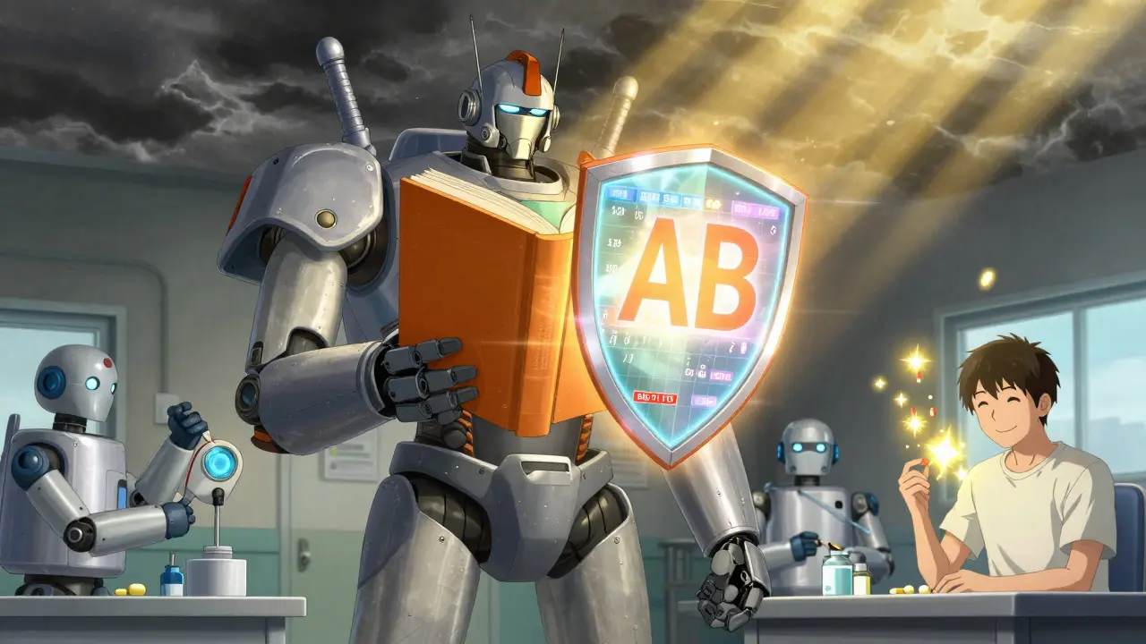 Robotic pharmacist projecting an AB-rating shield over a hospital, calibrating a thyroid medication with precision.