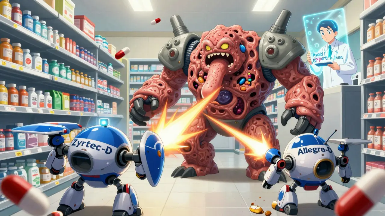 Three robotic pills battle a mucus monster in a pharmacy warzone.