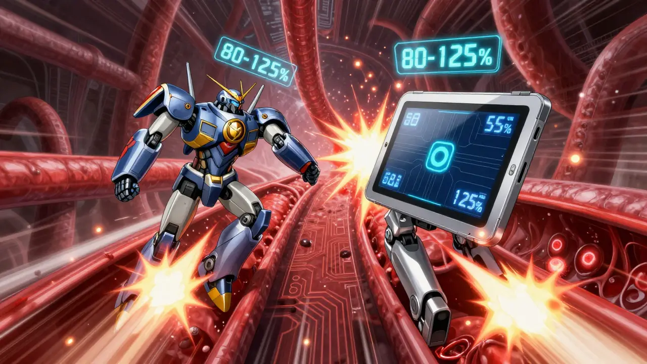 Two robotic tablets racing through a glowing bloodstream, tracked by digital thresholds in a high-speed duel.