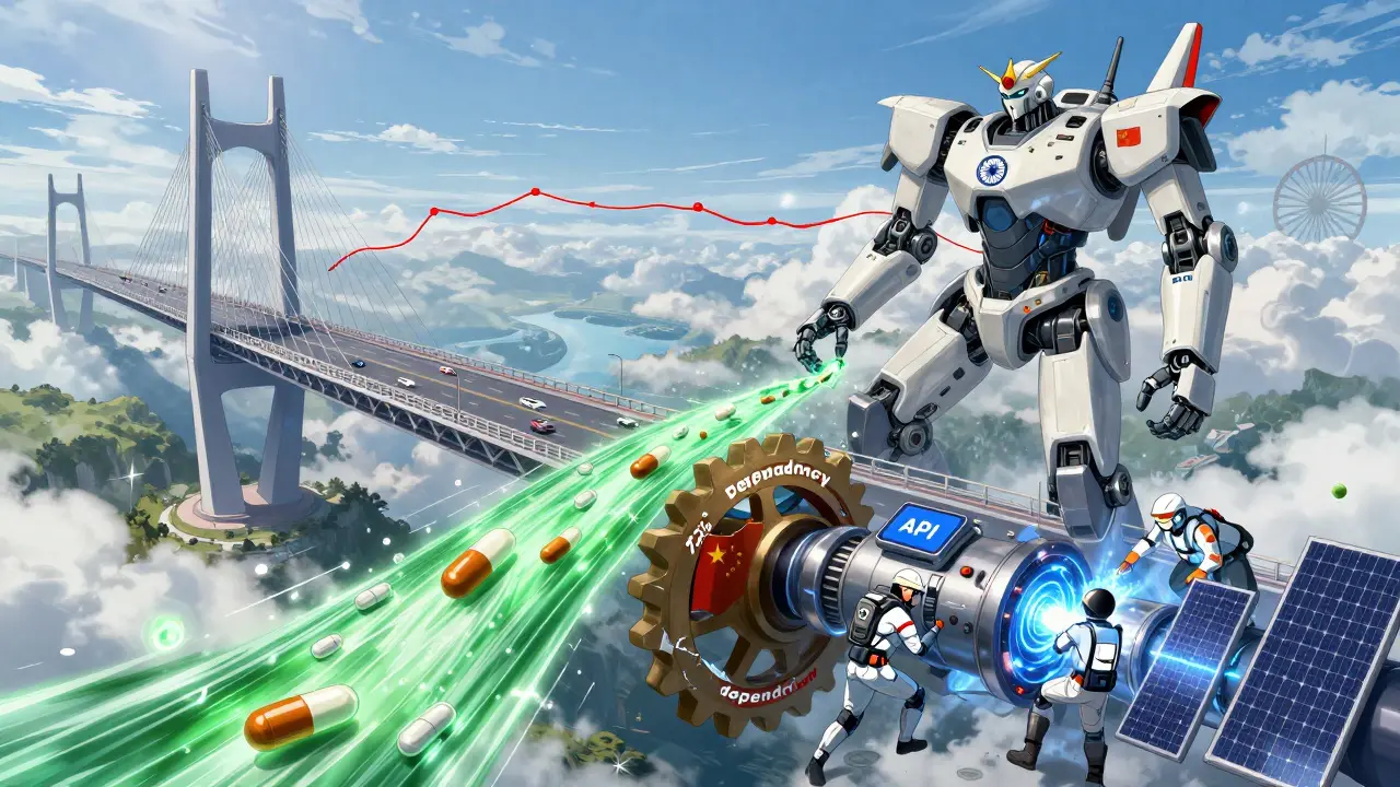 A biomechanical bridge linking India and China, with green pills flowing safely while fragile red API threads threaten to break.