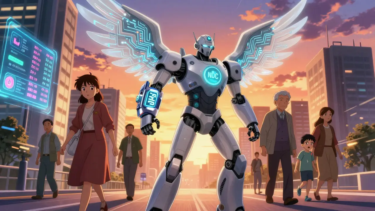 A futuristic medical bracelet transforms into a protective robot guardian with circuitry wings hovering over patients.