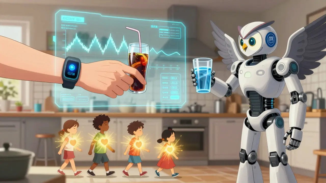 A holographic CGM interface above a kitchen, showing blood sugar stabilizing as a robotic owl watches a family make healthy choices.