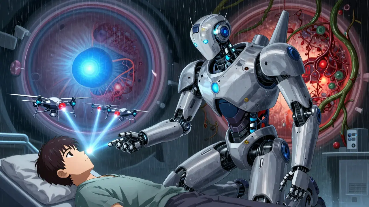 A medical robot using laser drones to treat a patient's eye, with healthy and damaged retina shown side by side.