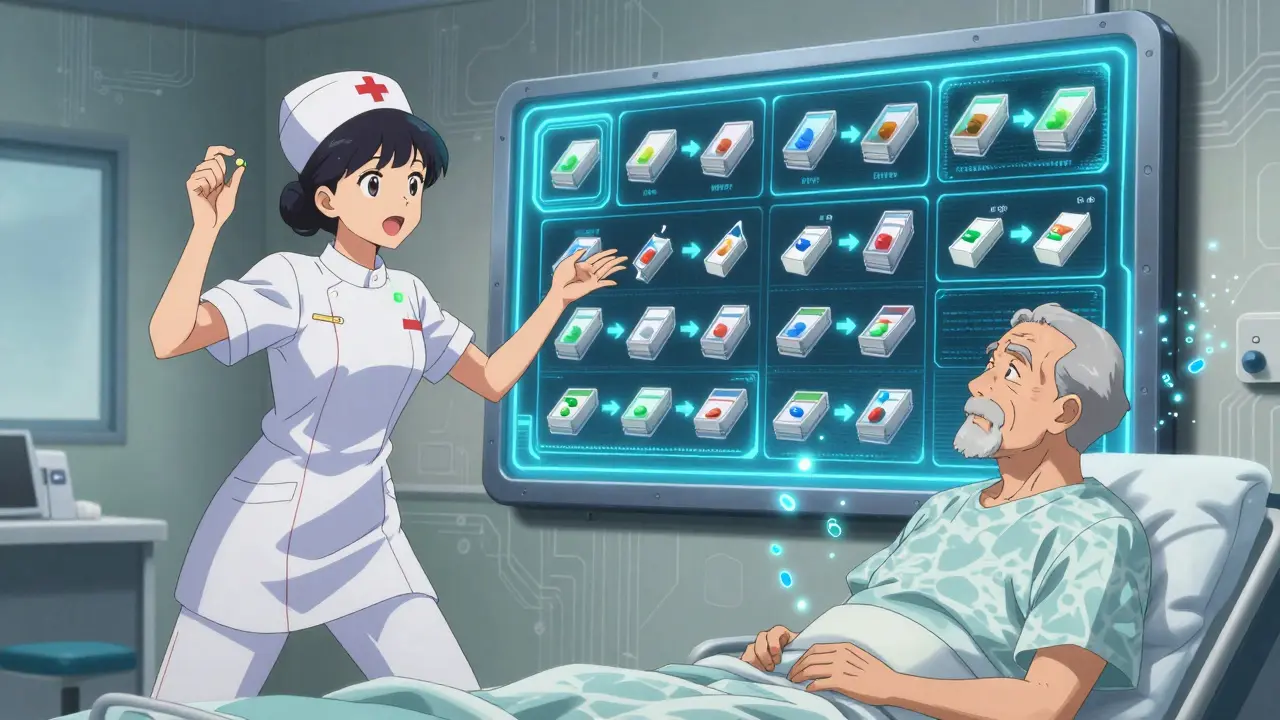 A nurse gestures toward a floating digital flipbook showing side-by-side generic and brand pills, with data streams swirling around a patient.
