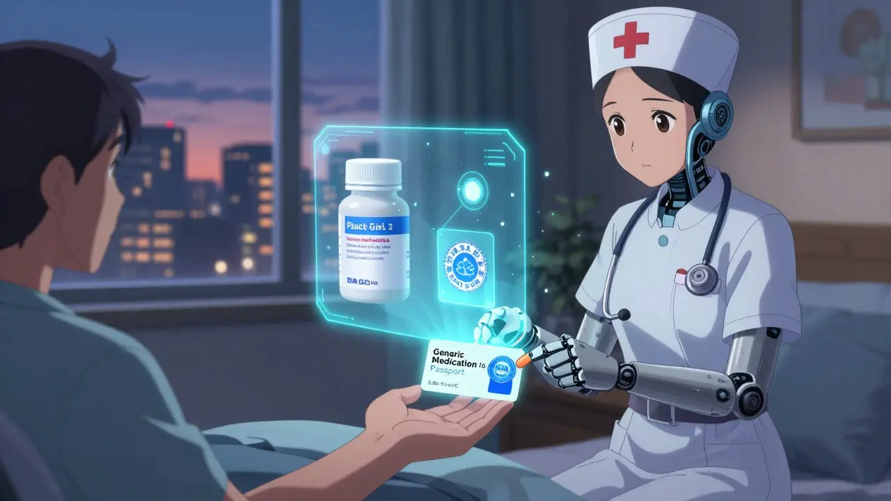 A nurse gives a patient a glowing medication passport card that projects a 3D comparison of pills, with a protective stethoscope spirit hovering nearby.