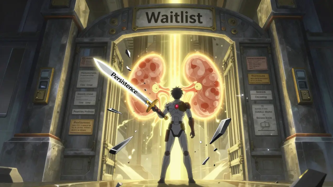 A patient wielding a sword of persistence before a massive waitlist gate, with a glowing kidney behind it.