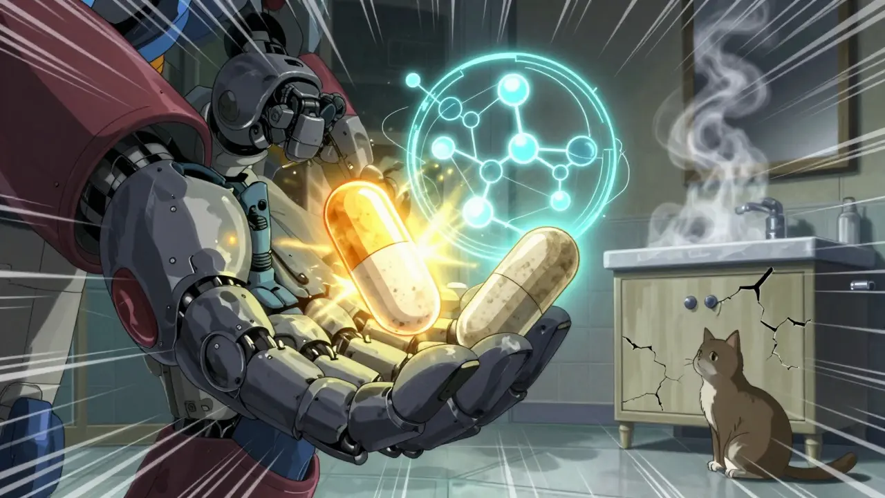 A robotic hand holds two pills with a stability diagram glowing between them.