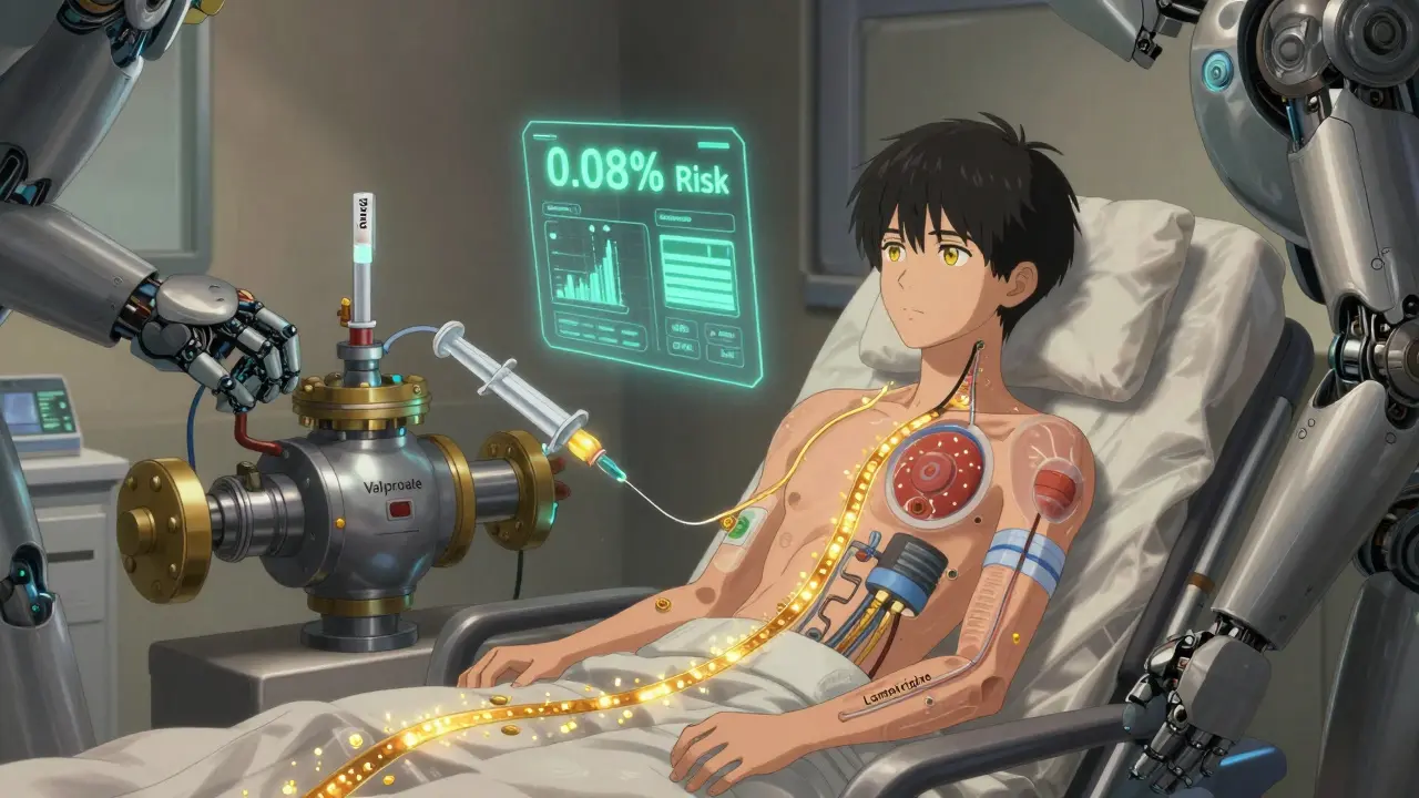 A teenage patient with translucent skin showing slow, regulated flow of lamotrigine particles, controlled by a valproate valve, with holographic '0.08% Risk' display in background.