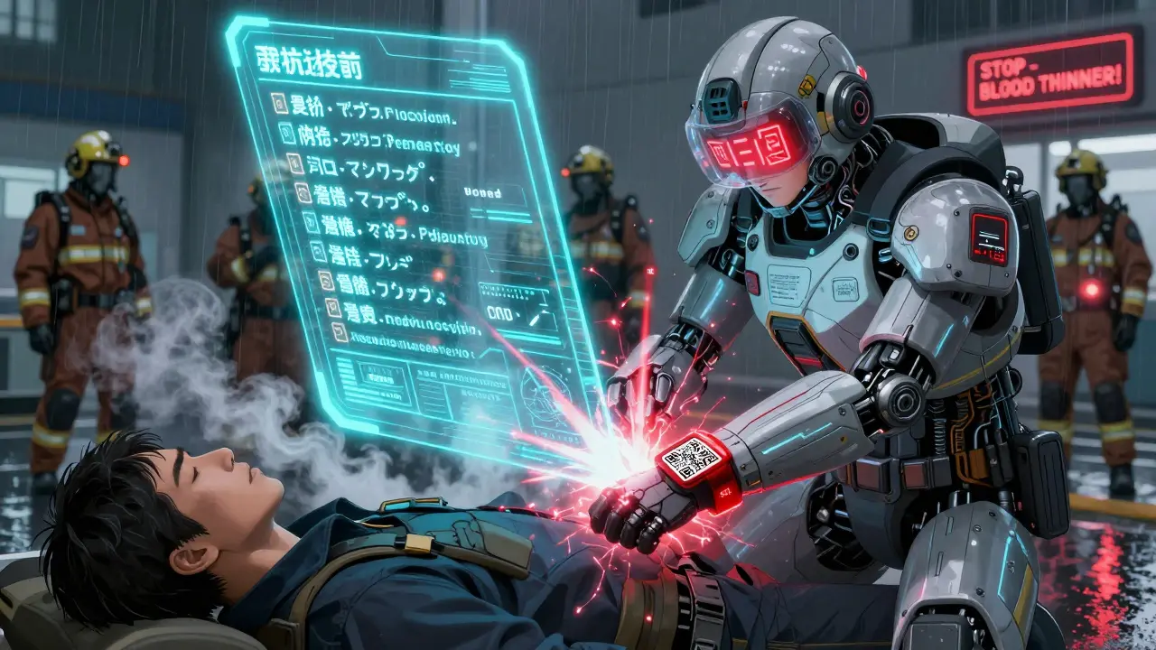 Emergency responders scan a QR code bracelet that projects a holographic medical profile with glowing neon text.