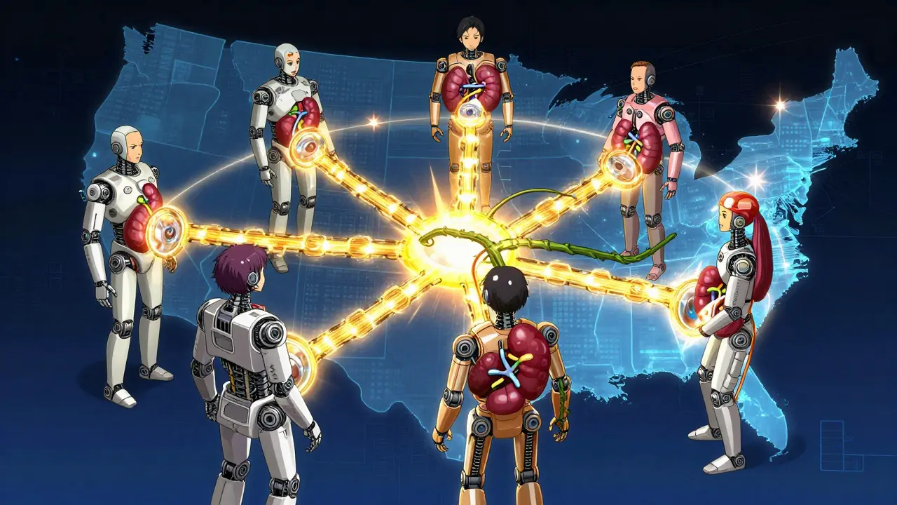 Five robotic donors and recipients connected by golden energy threads in a kidney paired donation chain.