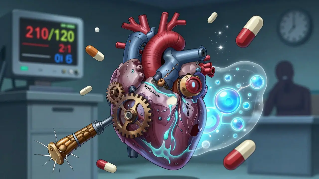 Mechanical heart with out-of-control potassium and sodium gears, attacked by licorice root weapon.