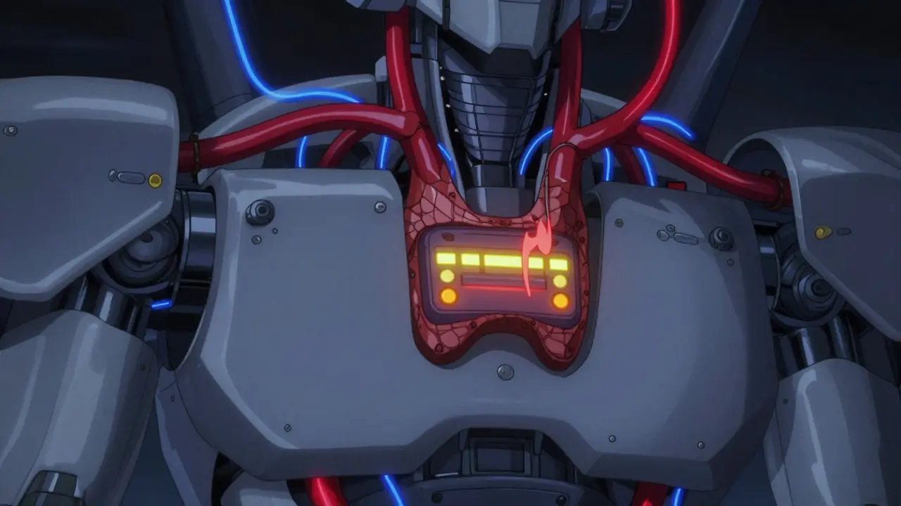 Robot's thyroid gland with fluctuating energy levels and warning lights