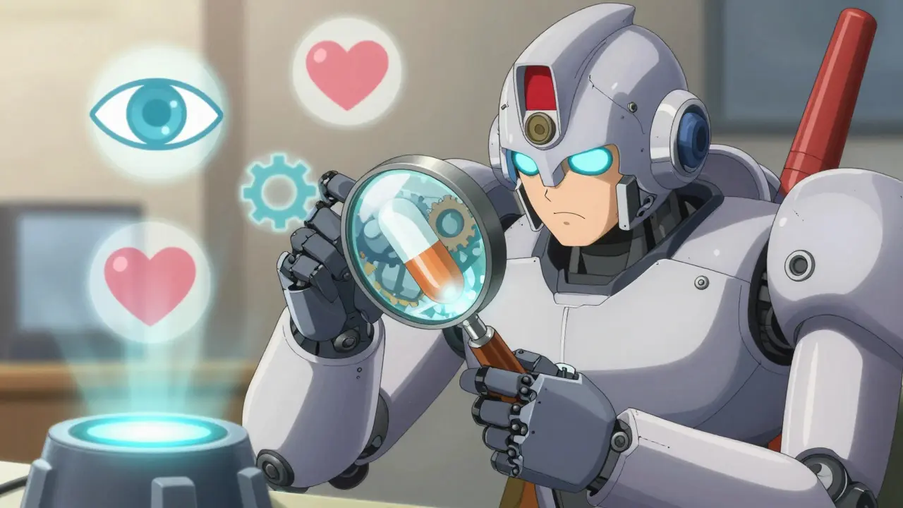 Robot examining pill's internal gear-like patterns under magnifying glass