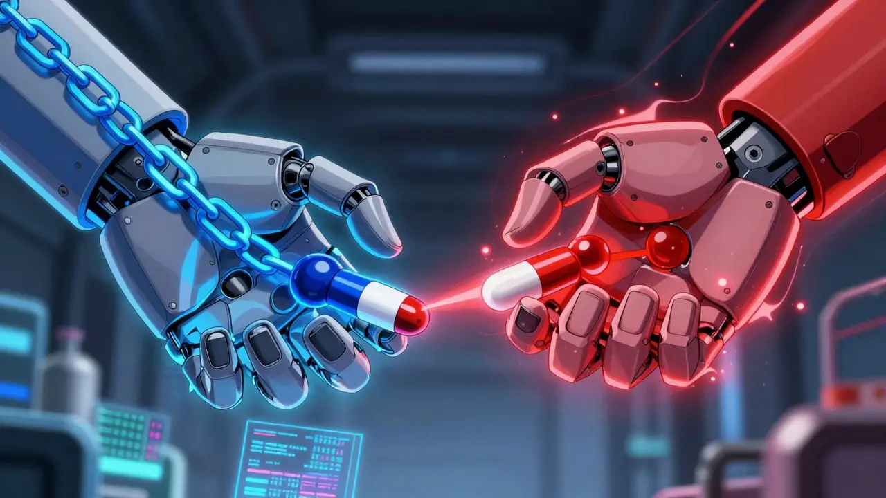 Robotic hands neutralizing blood thinner molecules in lab setting.