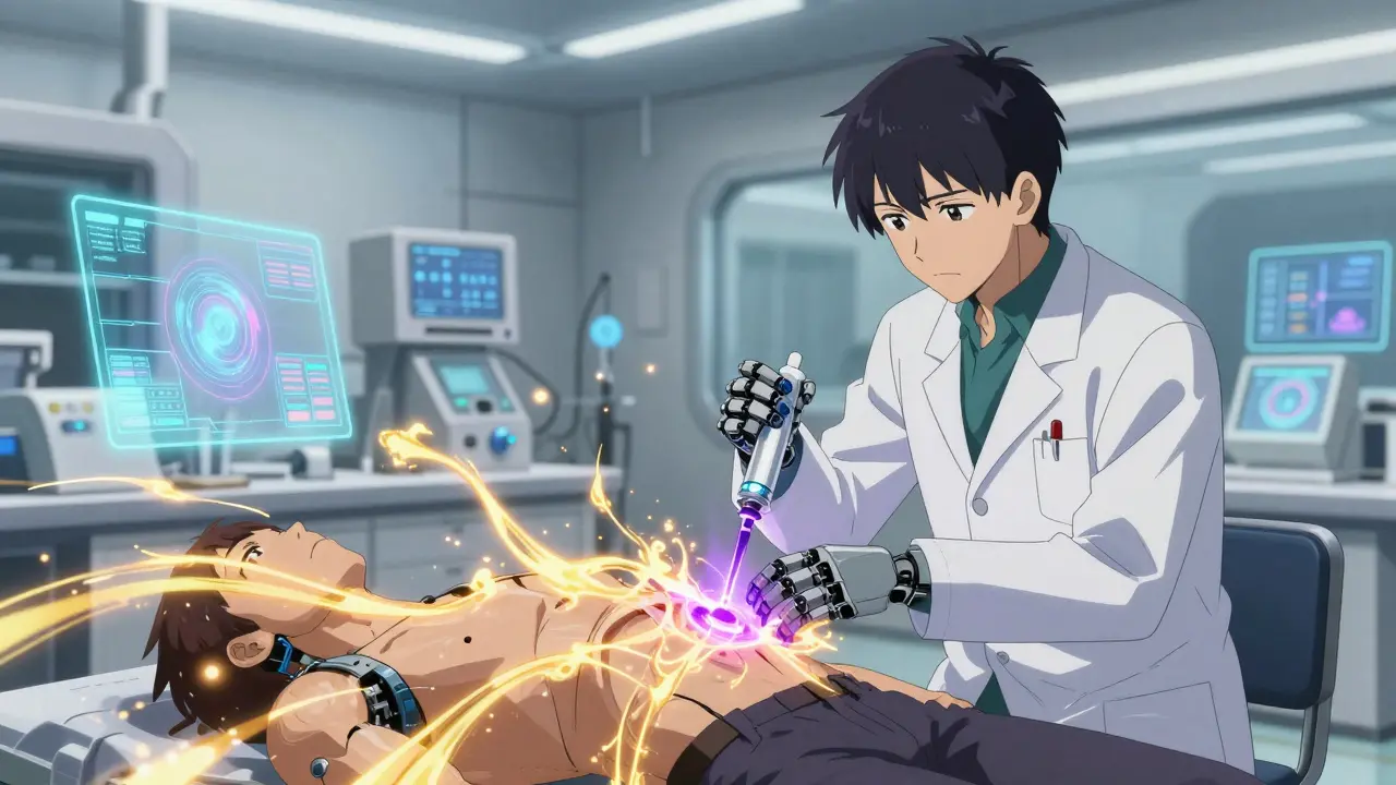 Robotic scientist injecting new reversal agent in high-tech lab.