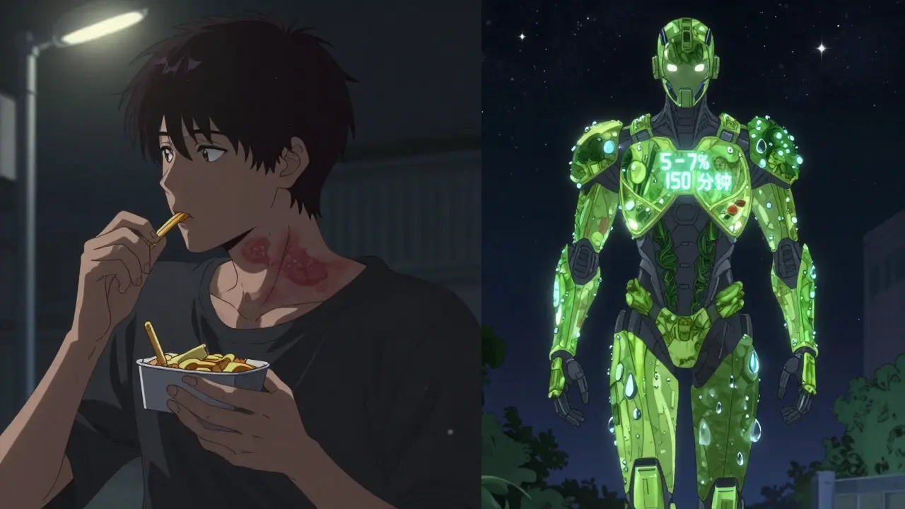 Split scene: one side shows dark skin patches from poor diet, the other shows a person in a vegetable-powered exosuit with health metrics glowing.