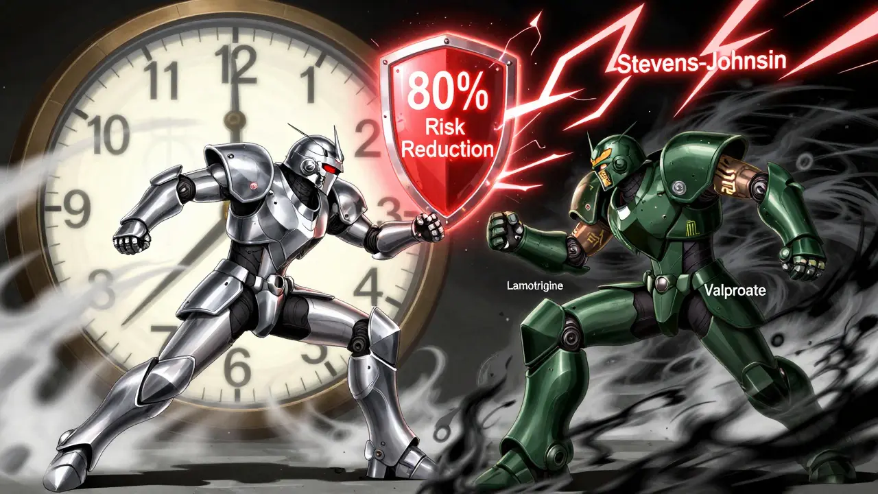 Two armored warriors representing lamotrigine and valproate in battle, with a slow-ticking clock and shield labeled '80% Risk Reduction' deflecting red lightning bolts of severe rash.