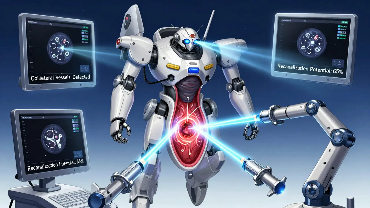 A diagnostic mech scans a portal vein while administering anticoagulant syringes with glowing blue streams.