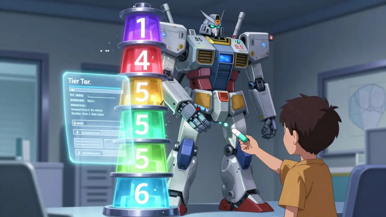 A five-tiered robotic pharmacy offers a generic pill to a child while a holographic insurance contract glows behind it.