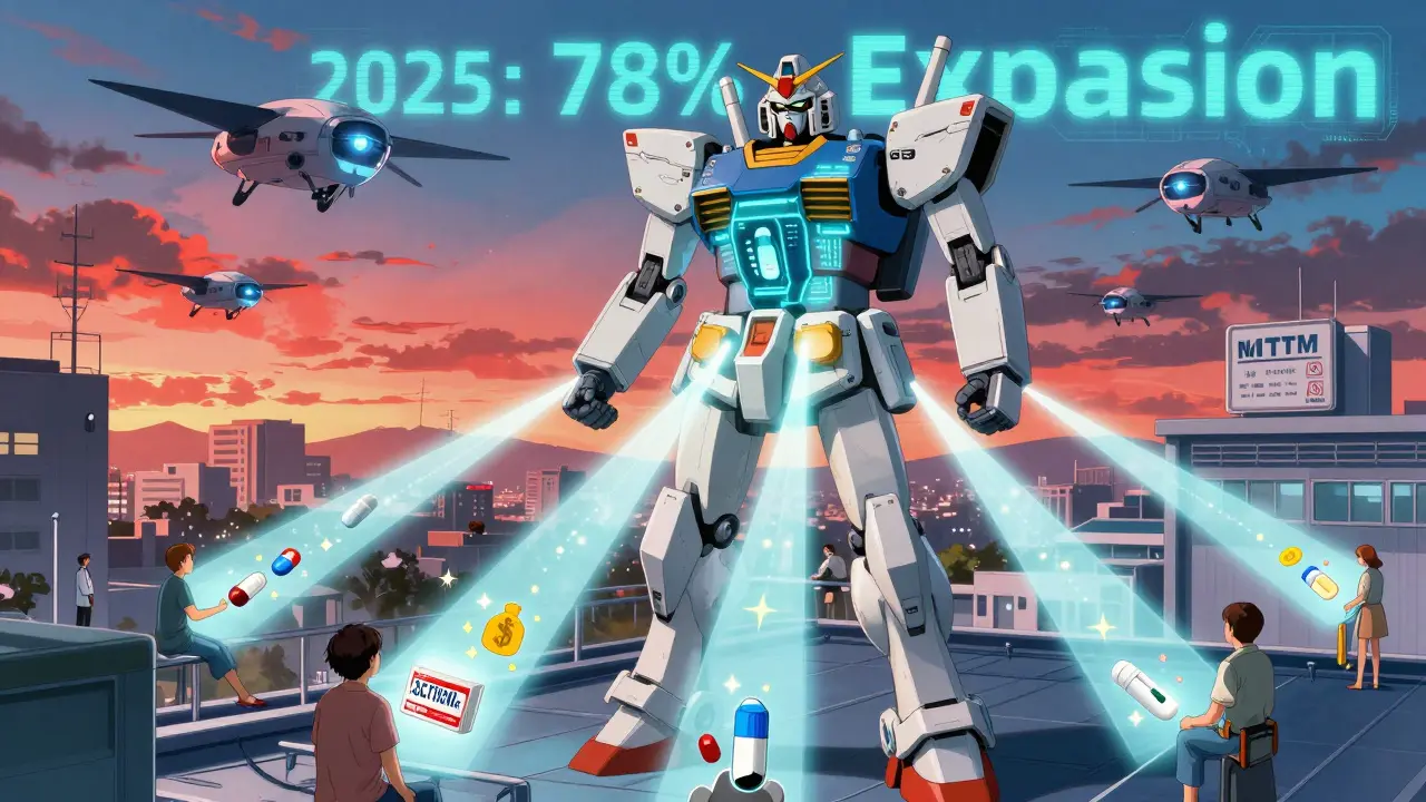 A giant pharmacist mech transforms brand drugs into generics below, with digital savings data glowing in the sky.