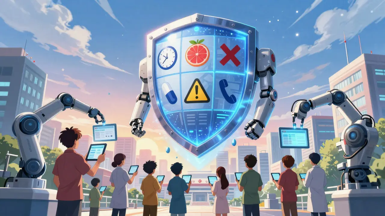 A glowing FDA-standard medication shield descends over hospitals, syncing with patients and providers for safer care.