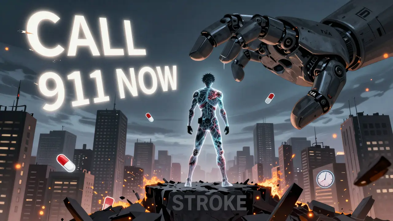 A half-transparent person stands at the edge of a chasm labeled 'STROKE' as a robotic hand labeled 'TIA' pulls them back.