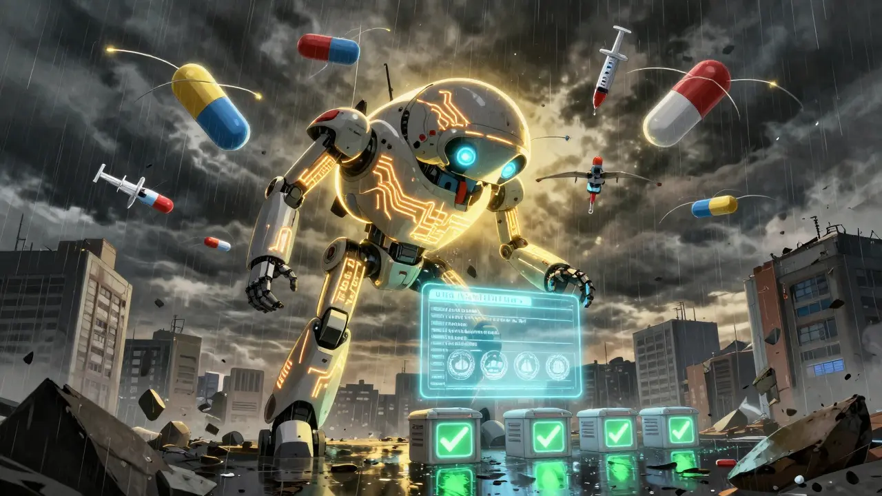 A medical drone fleet and robot project quality assurance seals onto medicine crates below.