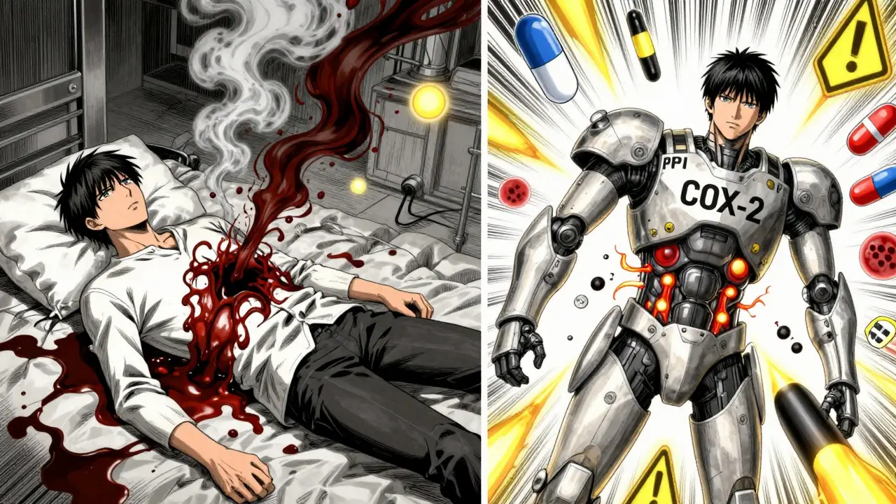 A patient collapsing from internal bleeding contrasted with another protected by COX-2 and PPI armor.