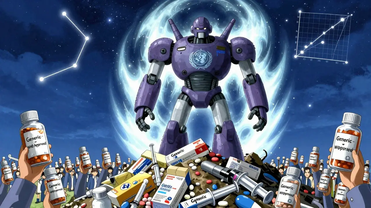 A robot battles a monster of fake medicines while people hold up approved generic drugs.