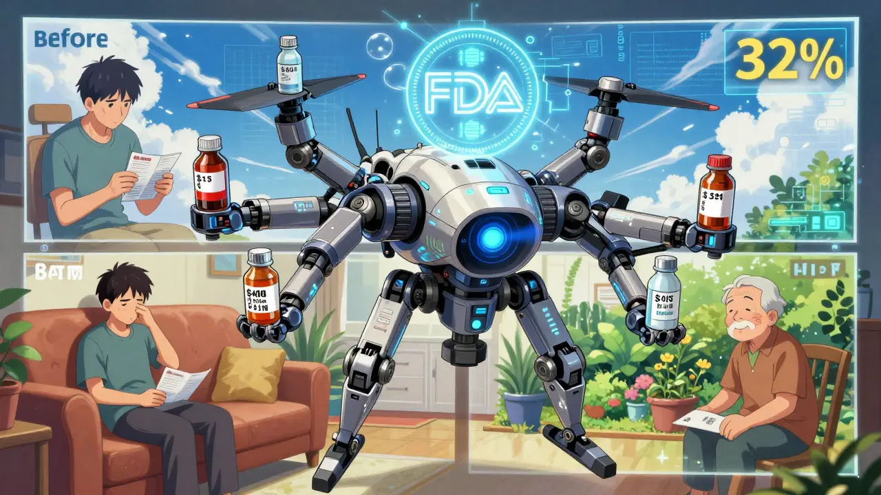A robotic MTM drone replaces an expensive inhaler with a generic version while showing before-and-after patient outcomes.