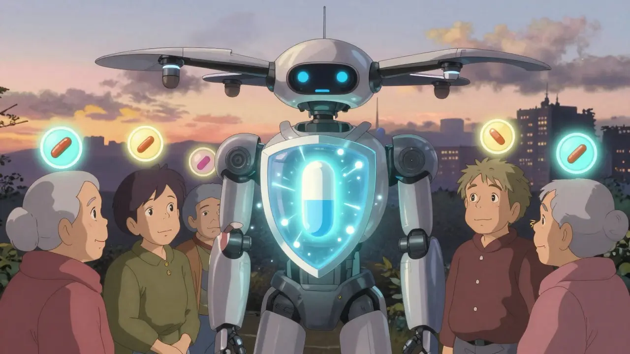 An elderly patient receiving a combined NSAID-PPI pill that transforms into a protective shield.