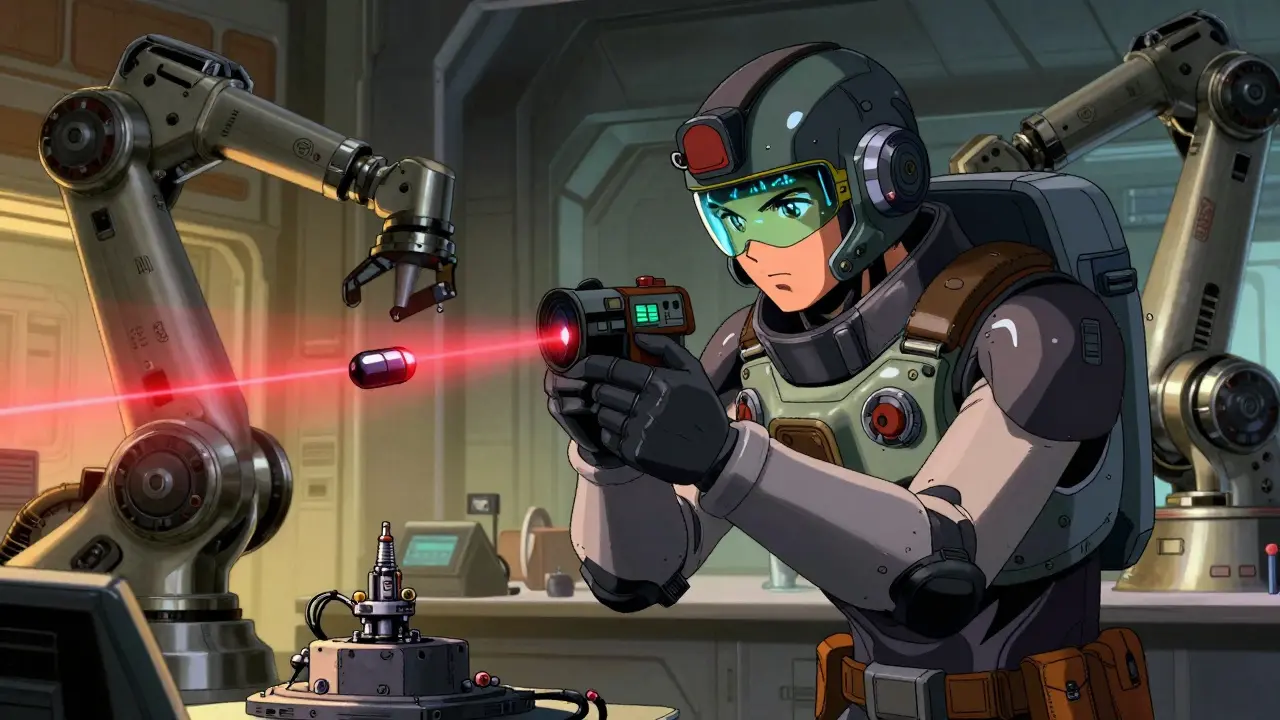 Character in futuristic gear inspects a device with a laser beam in a high-tech lab.