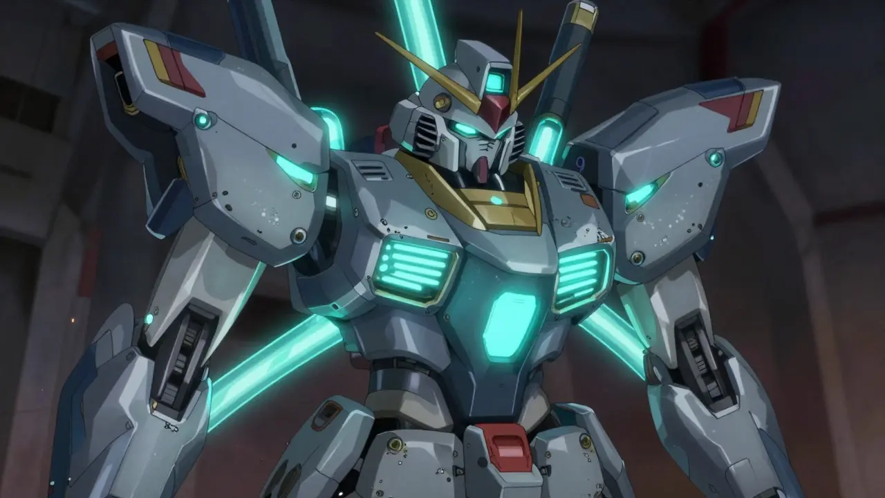 Close-up of a glowing core inside interchangeable metal armor plates in detailed mecha art.