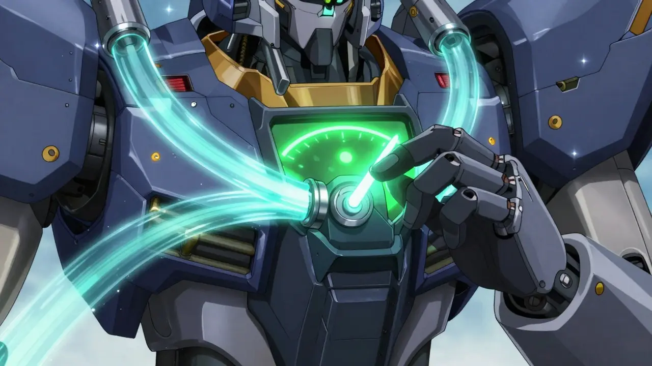 Giant robot adjusts internal gauges for precise medication dosing.