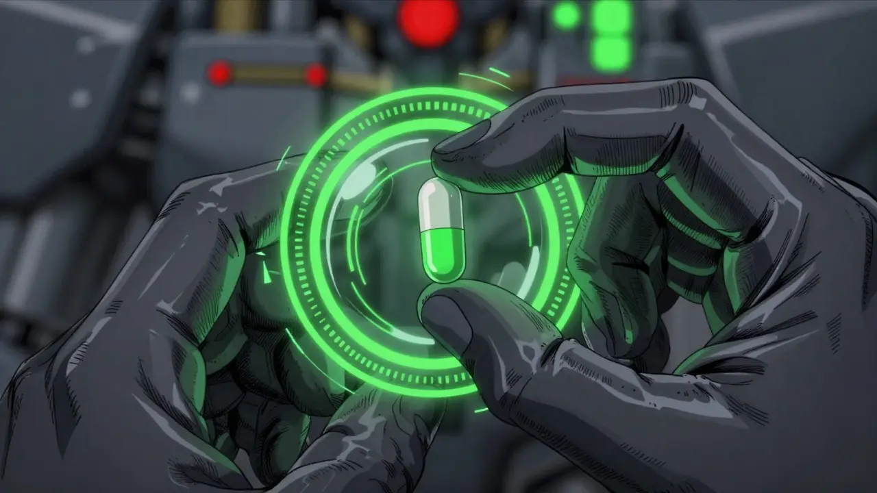 Hands scanning a pill with holographic digital analysis effects.