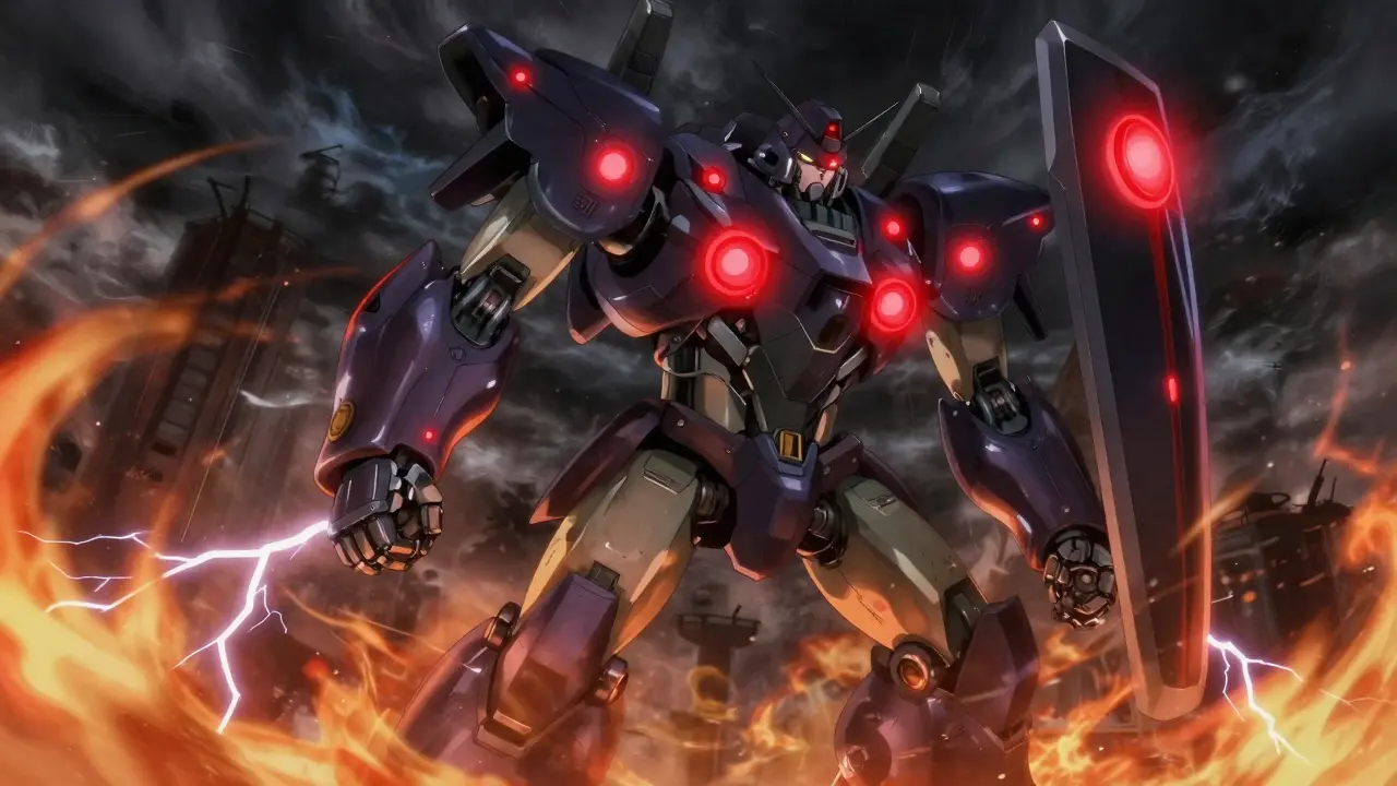 Mechanoid unit triggers emergency defense protocol amidst stormy sky.